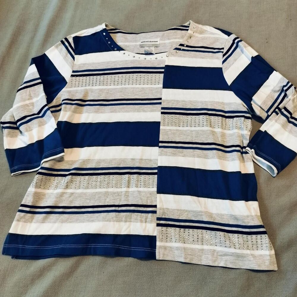 4/$20 Alfred-dunner Women's 3/4 sleeve striped studded T-shirt Petite Large